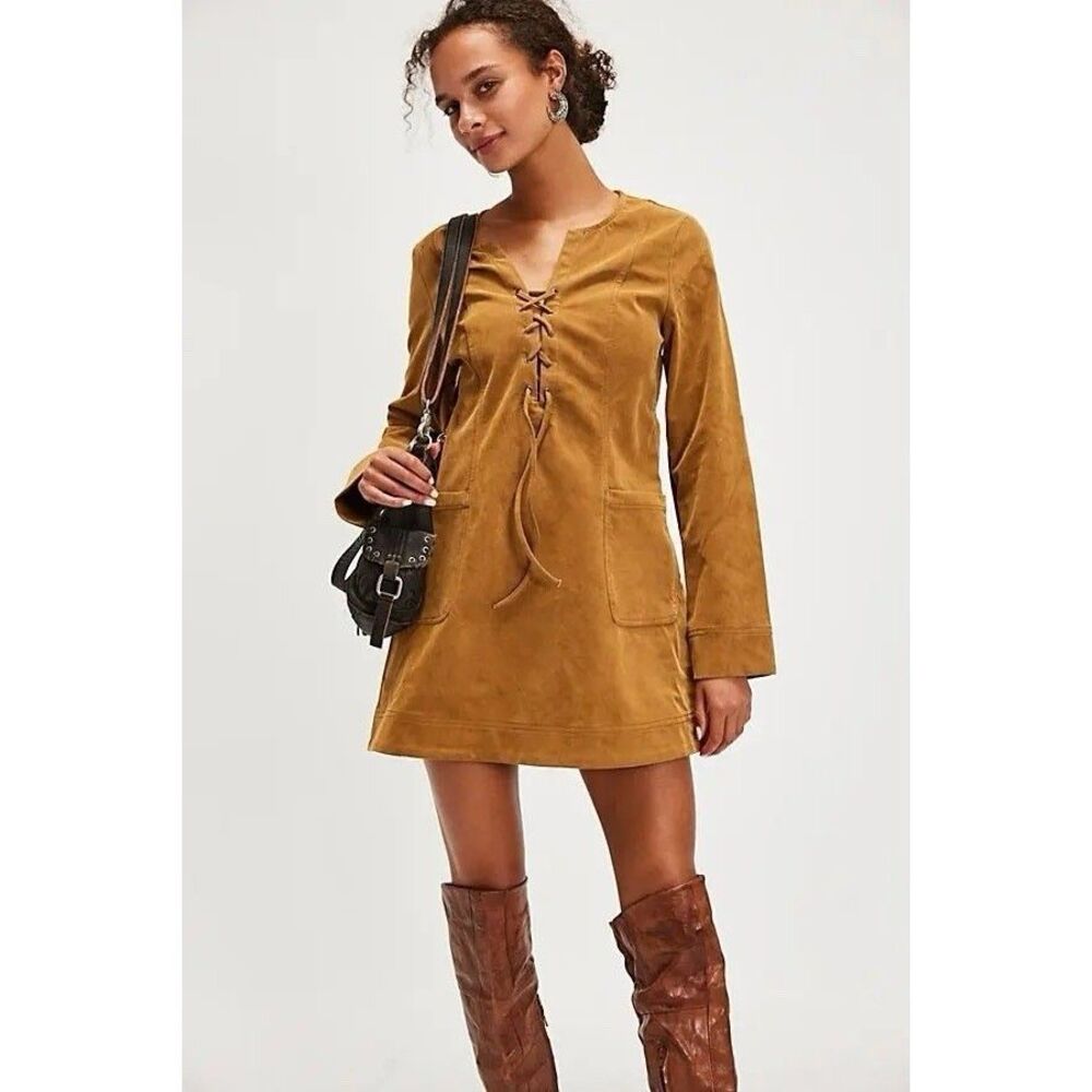 Free People Bradley Faux Suede Mini Dress in Tan- Size  Small Petite - NWOT - Picture 11 of 16